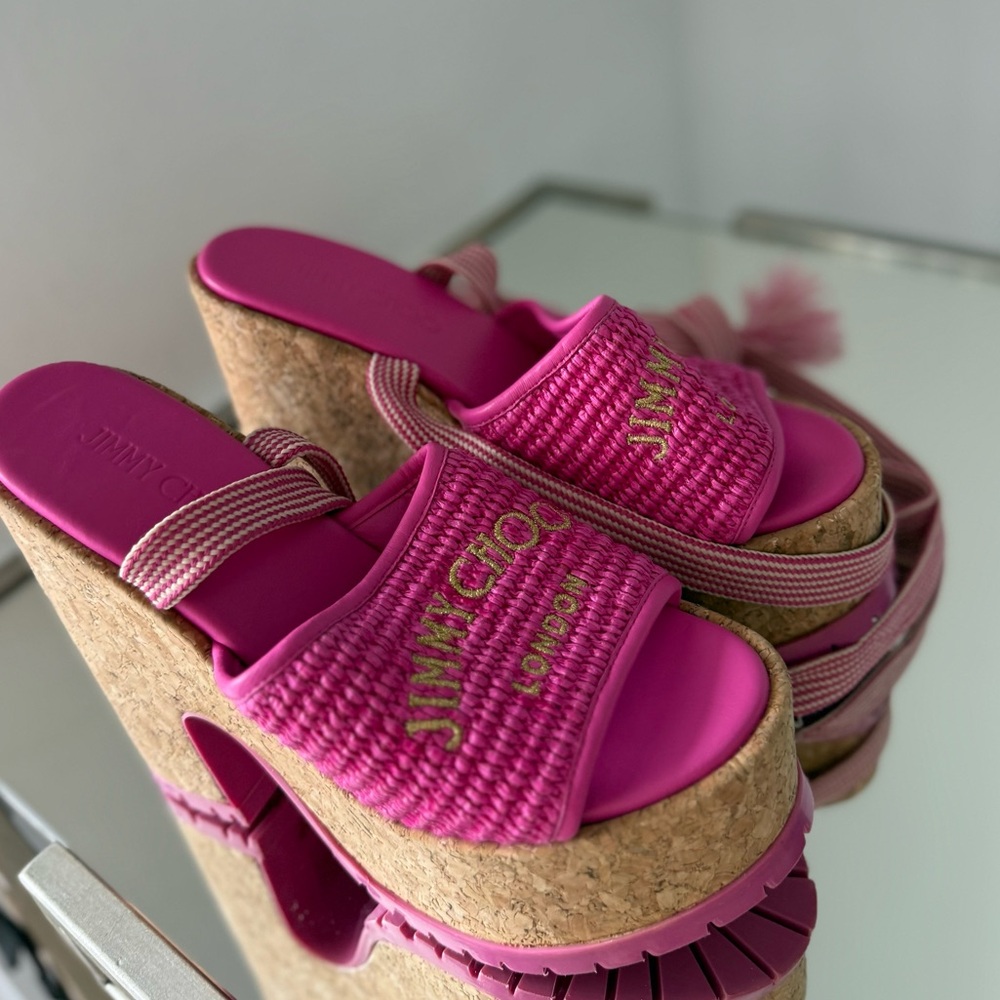 New Jimmy Choo Gal Raffia Cork Ankle-Tie Platform Sandals $750 38.5 - Picture 7 of 15